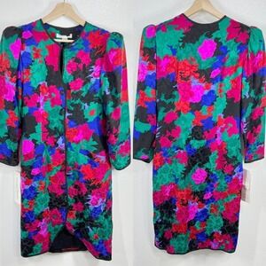 Vtg.‎ 90s Carolyne Barton Floral 100% Silk Dress Long Sleeve Party Cocktail 10